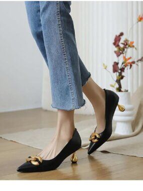 XYD Black Low Heel Pointed Toe Pumps with Metal Chain Solid Golden Heeled Shoes
